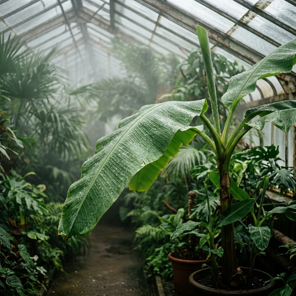 AI generated photo of a banana leaf plant with humid greenhouse atmosphere