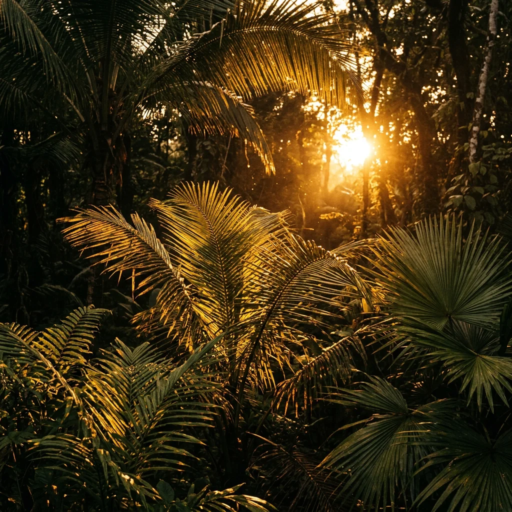 AI generated photo of tropical palm fronds with golden hour backlight