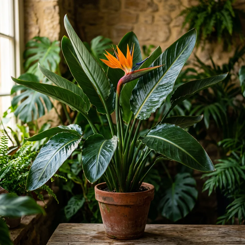 AI generated photo of a bird of paradise plant with glossy leaves